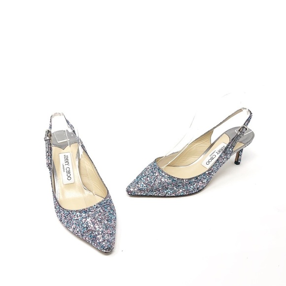 Jimmy Choo Shoes - JIMMY CHOO Erin 60 Slingback Pointed Toe Mule Heel Coarse Glitter Silver 36.5